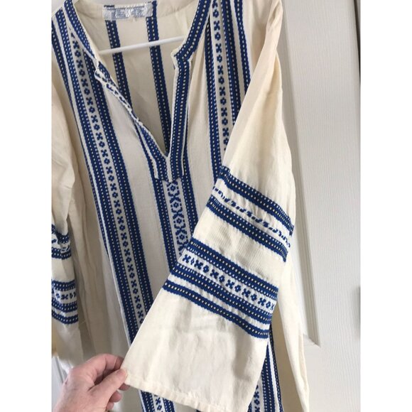 Vtg 1970's Maxi Kaftan Dress ALEX CONDARINIS Blue White Vertical Striped - Picture 5 of 10